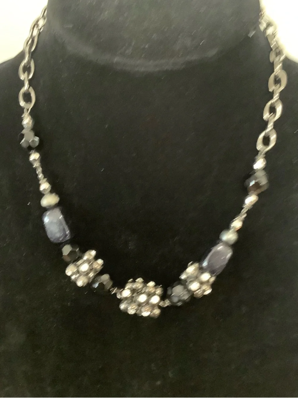 NINE WEST: Handcrafted Navy Blue and Silver Beaded Necklace - Picture 2 of 3